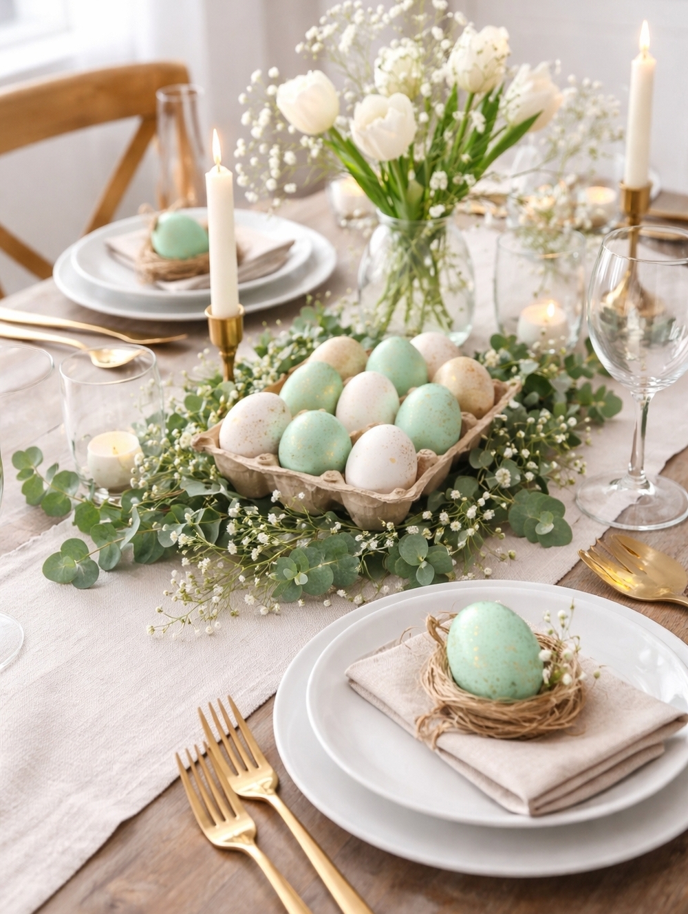 Decorative Pastel Green & White Speckled Eggs Centerpiece